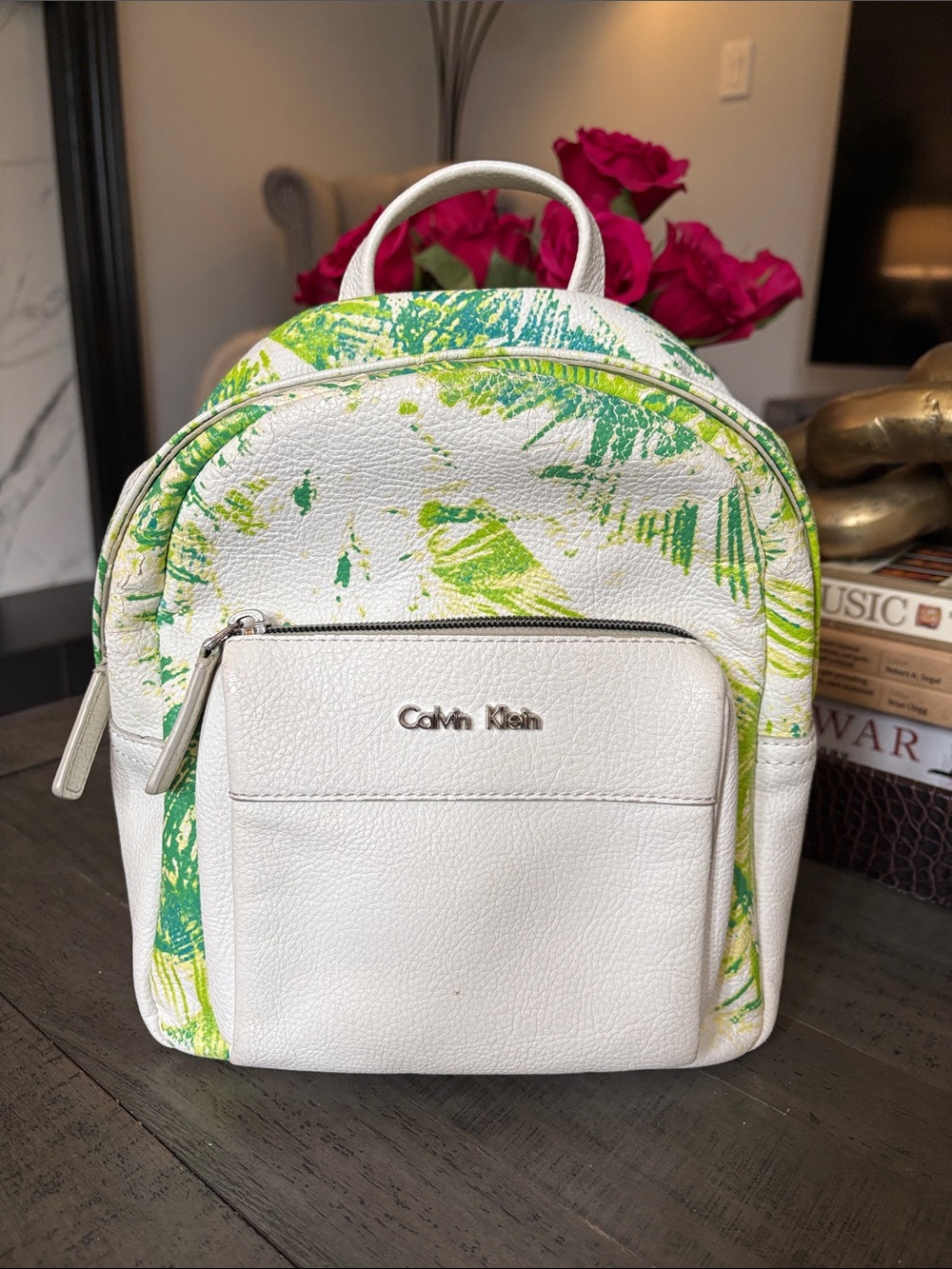 Calvin Klein White Leather Mini Backpack with Green Print